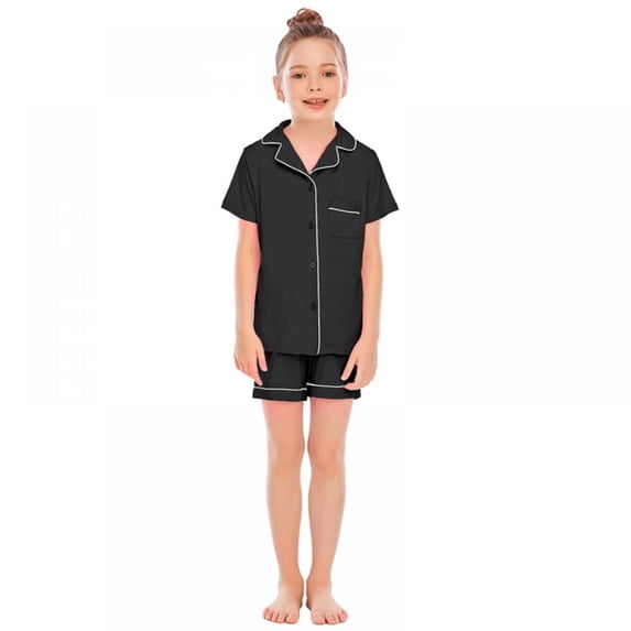 WOLLED Kids Toddler Girls Pajamas Sleepover Matching Pjs Set Summer Button down Top with Short Sleeve Shorts Nightwear Size 5-14 Years