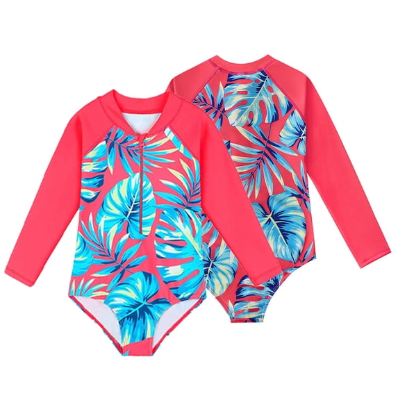 WOLLED Kids Toddler Long Sleeve Rash Guard Swimsuits for Girls UPF 50+ Sun Protection One Piece Zipper Front Swimwear Beach Floral Onesies Hawaiian Bathing Suit for 4-12 Years