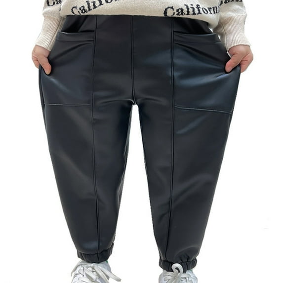 WOLLED Kids Winter Leather Pants Boys Thickened Leather Pants Toddler Padded Fleece Sweat Pants 2-12T Youth with Pockets Trousers