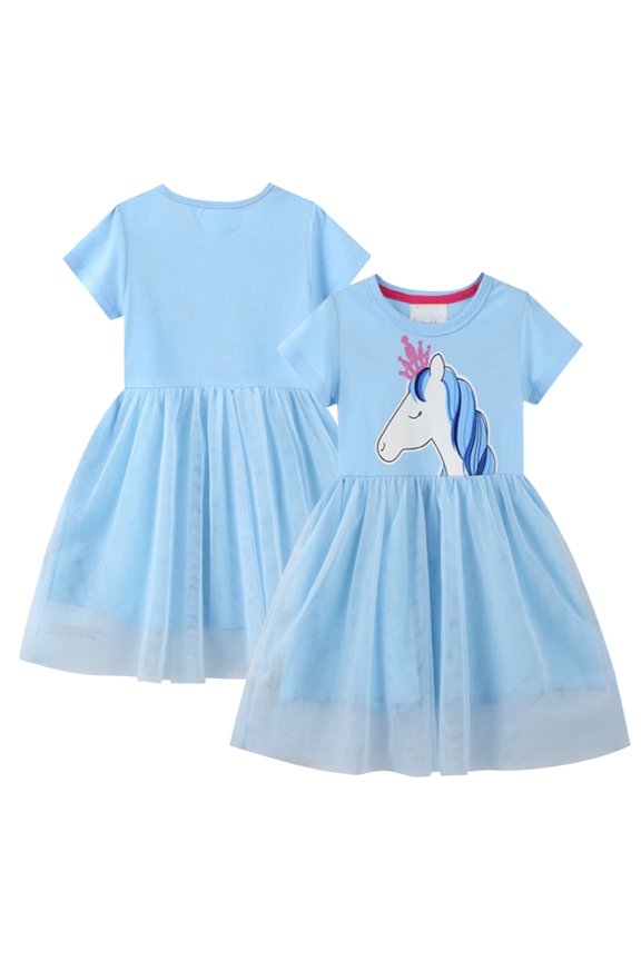 Little Girls Cotton Dresses for Kids Short Sleeve Mesh Princess Dress Toddler Printed Crewneck Sundress Dress for 1-8 Years