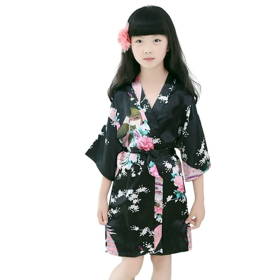WOLLED Little Girls Stain Nightgown for Kids Floral Silk Pajamas Toddler Summer Kimono Dresses Robe for 1-13 Years
