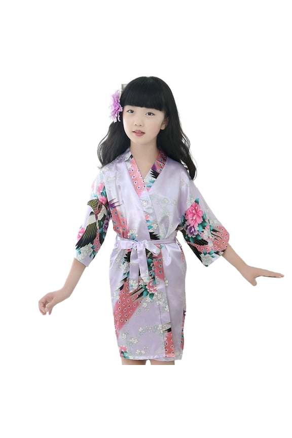 Little Girls Stain Nightgown for Kids Floral Silk Pajamas Toddler Summer Kimono Dresses Robe for 1-13 Years