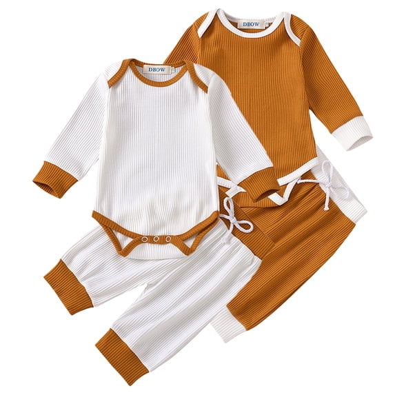 WOLLED Newborn Baby Spring Cotton Romper Jumpsuit Set for Boys Girls 2PCS Long Sleeve Soft Bodysuit Infant Cotton Onesies Jumpsuit& Waisted Pants Outfits Clothes 0-24 Months