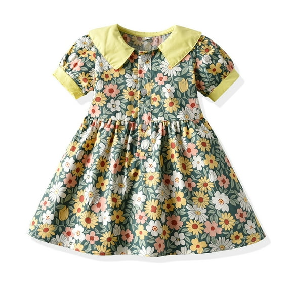 WOLLED Newborn Girls Cotton Dresses for Kids Toddler Bubble Sleeve Waist Princess Dress Sundress for 3 Months - 4 Years