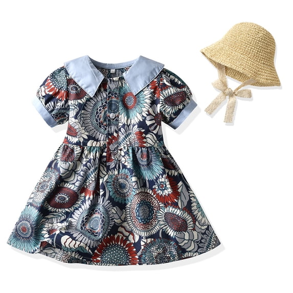 WOLLED Newborn Girls Cotton Dresses with Sun Hat for Kids Toddler Bubble Sleeve Waist Princess Dress Sundress for 3 Months - 4 Years 2 PCS