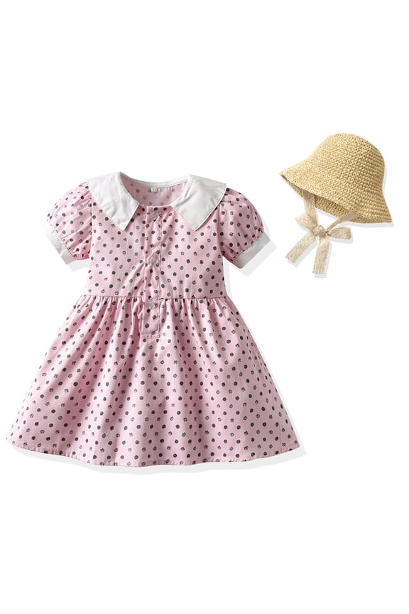 Newborn Girls Cotton Dresses with Sun Hat for Kids Toddler Bubble Sleeve Waist Princess Dress Sundress for 3 Months - 4 Years 2 PCS