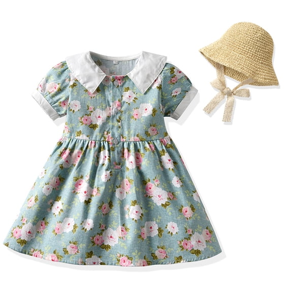 WOLLED Newborn Girls Cotton Dresses with Sun Hat for Kids Toddler Bubble Sleeve Waist Princess Dress Sundress for 3 Months - 4 Years 2 PCS