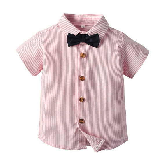 WOLLED Toddler Baby Boys Dress Shirts Kids Short Sleeve Lapel Stretch Shirts Boys Solid Streak Formal Button down Shirt with Bow for 3M-8Y