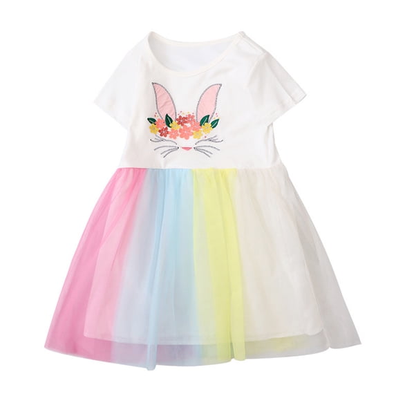 WOLLED Toddler Baby Girls Cotton Dresses Kids Summer Short Sleeve Rainbow Dress Birthday Party Tutu Tulle Skirt for 2-8 Years Old