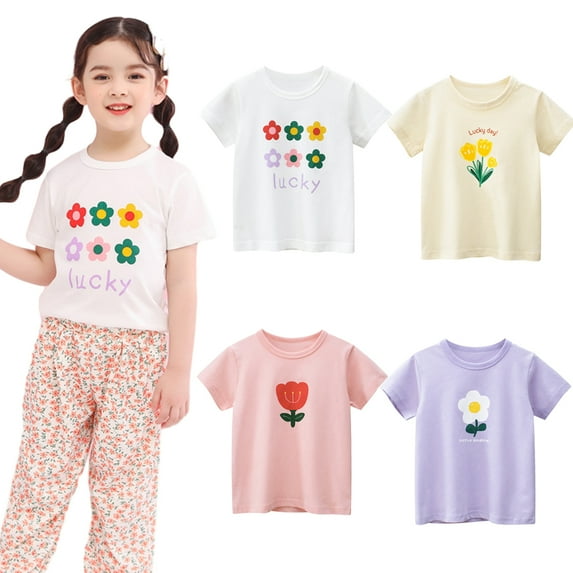 WOLLED Toddler Baby Girls Flower Tee Shirt 1-8T Kids Short Sleeve Tees Shirt Tops Casual Crew Neck Cotton T-Shirt