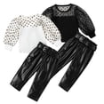 thumbnail image 1 of WOLLED Toddler Baby Spring Fall Leather Pants Set for Girls Long Sleeve Polka Dot Mesh Tops+ PU Leather Pants with Belt 1-6Y, 1 of 11