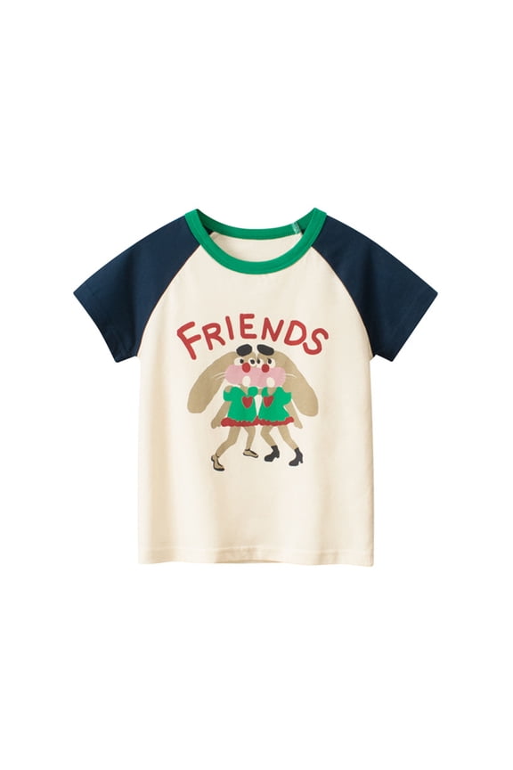 Toddler Kids Crewneck Short Sleeve T-Shirt Tops Baby Summer Classic Color Blocking Cartoon T-Shirt for Girls 1-8Y
