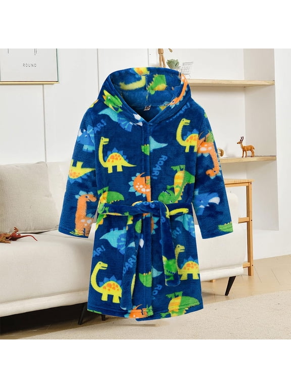Toddler Kids Dinosaurs Hooded Bathrobe for Baby Boys ,Cartoon Robe Soft Fleece Pajamas Sleepwear Cotton Bath Towel Soft Fuzzy Belt Bathrobe for 3-8 Years