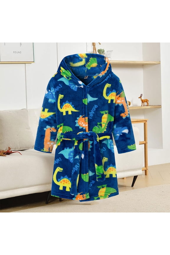 3-8 Years Baby Boys Hooded Cotton Robe ,Kids Cartoon Fleece Bathrobe with Dinosaurs Pattern Toddler Soft Beach Towel Bathrobe Fuzzy Bath Towel