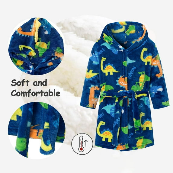 WOLLED Toddler Kids Dinosaurs Hooded Bathrobe for Baby Boys ,Cartoon Robe Soft Fleece Pajamas Sleepwear Cotton Bath Towel Soft Fuzzy Belt Bathrobe for 3-8 Years