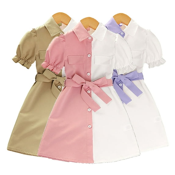 WOLLED Toddler Kids Girls Summer Shirt Dress Button down Lapel Onesies Skirt with Bowknot Short Sleeve Colorblock Shirt Dress for 4-7 Years Old