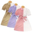 thumbnail image 1 of WOLLED Toddler Kids Girls Summer Shirt Dress Button down Lapel Onesies Skirt with Bowknot Short Sleeve Colorblock Shirt Dress for 4-7 Years Old, 1 of 11