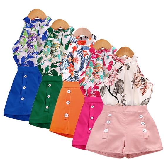 WOLLED Toddler Kids Halter Neck Cami Crop Tops and Floral Shorts Sets for Girls 2 Piece Summer Casual Shorts Outfits 4-7T