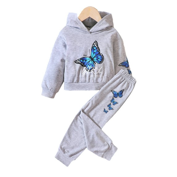 WOLLED Toddler Kids Pullover Hoodies and Sweatpants 2 Piece Outfit Unisex Sweatsuit with 3D Butterfly Print for Age 3-12 Years