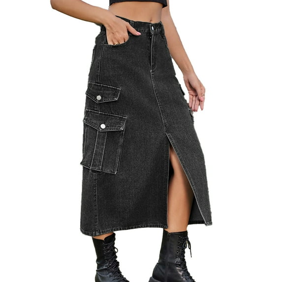 WOLLED Women's Denim Cargo Skirt Casual Semi-Elastic Denim Cargo Casual Skirt S-2XL