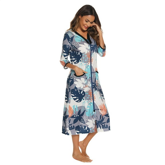 WOLLED Womens V-neck Robe Fall Winter Bathrobe with Pockets Printed Zipper Sleepwear Women's Long-Sleeved Nightgowns S-XXL