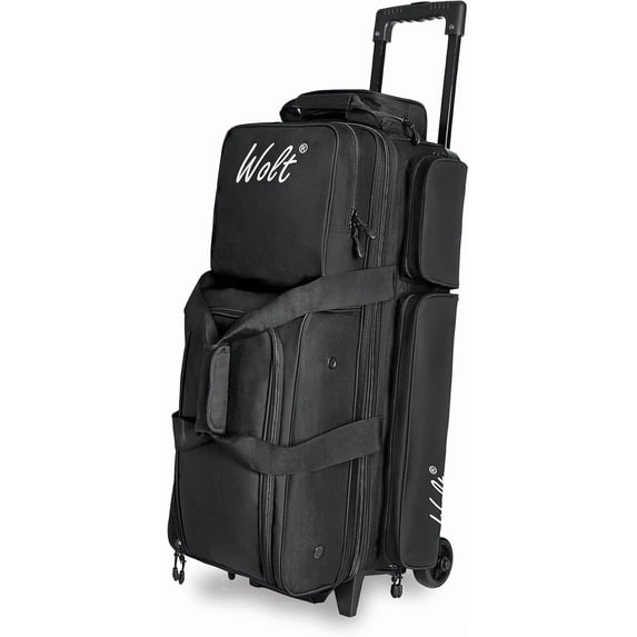 WOLT Bowling Ball Bags 3ball Double Roller Bag with Wheels Separate Shoe Compartment and Accessory Pocket, Retractable Handle Extends to 38’’ Black