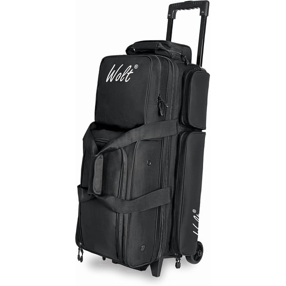 WOLT Bowling Ball Bags 3ball Double Roller Bag with Wheels Separate Shoe Compartment and Accessory Pocket, Retractable Handle Extends to 38’’ Black