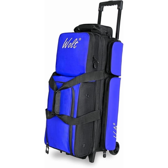 WOLT Bowling Ball Bag 3 Ball Roller Bowling Bags with Wheels Separate Shoe Compartment Retractable Handle Extends to 38’’ Blue