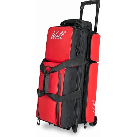 WOLT 3 Ball Bowling Ball Bags Double Roller Bag with Wheels Separate Shoe Compartment Retractable Handle Extends to 38’’ Red
