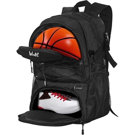 WOLT Basketball Backpack for Man with Ventilated Shoe & Ball Compartments, 34L Basketball Bag Black