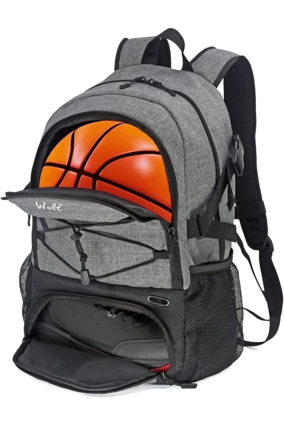 Gray Basketball Backpack with Ball & Shoe Compartments 34L Basketball Bag , 1 Drop (1 Pack)