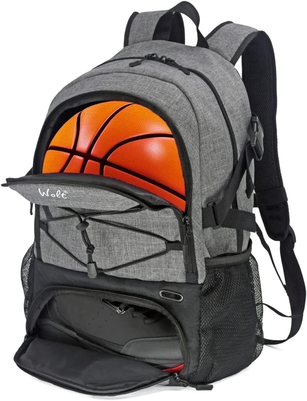 WOLT Gray Basketball Backpack with Ball & Shoe Compartments 34L Basketball Bag , 1 Drop (1 Pack)