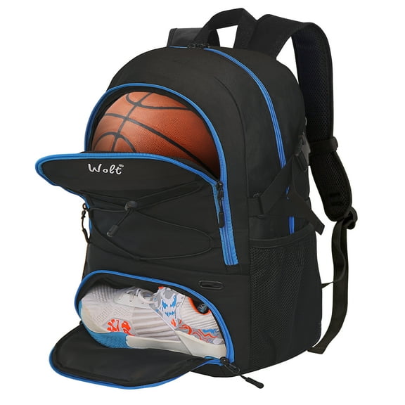 WOLT Basketball Bag Backpack - Ventilated Shoe & Ball Compartments, Best for Basketball Includes Tag (1 pack, Zipperblue)