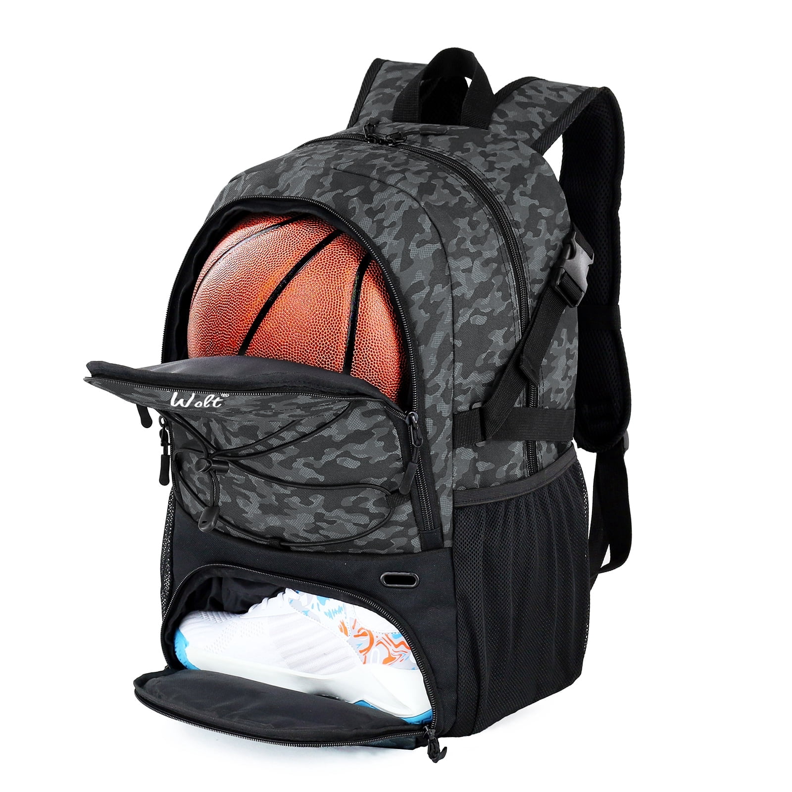 WOLT Basketball Bag Backpack - Ventilated Shoe & Ball Compartments, Best for Basketball Includes Tag Camoblack