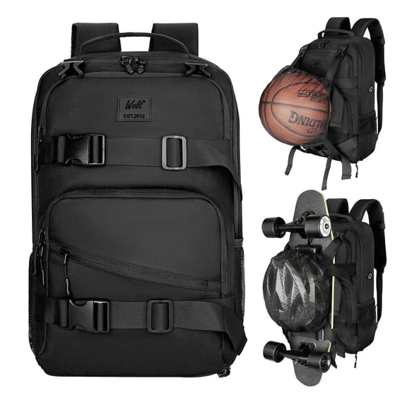 WOLT Black Skateboard Backpack, 15.6 Inch Laptop Backpack for Men Women, Sports Backpack with Ball Holder for Longboard