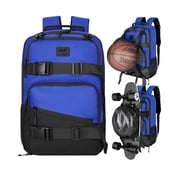 WOLT Blue Skateboard Backpack, 15.6 Inch Laptop Backpack for Men Women, Sports Backpack with Ball Holder for Longboard