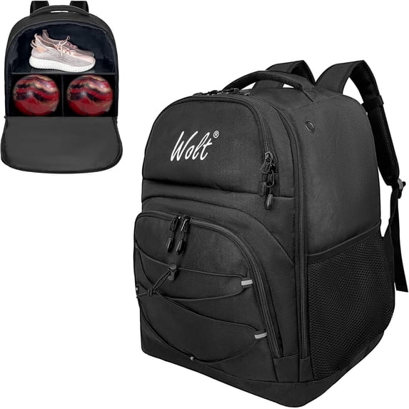 WOLT Black Bowling Ball Bag 2Ball Bowling Equipment Backpack with Protective Foam Padded & Shoe Compartment