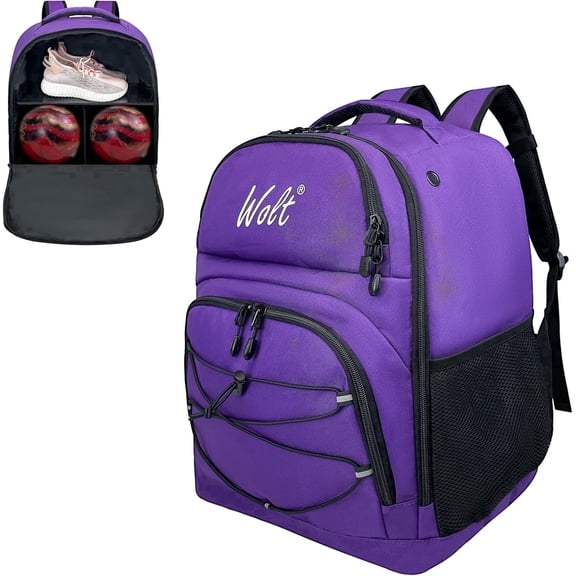 WOLT Bowling Ball Bag 2Ball Bowling Backpack Purple with Protective Foam Padded & Shoe Compartment