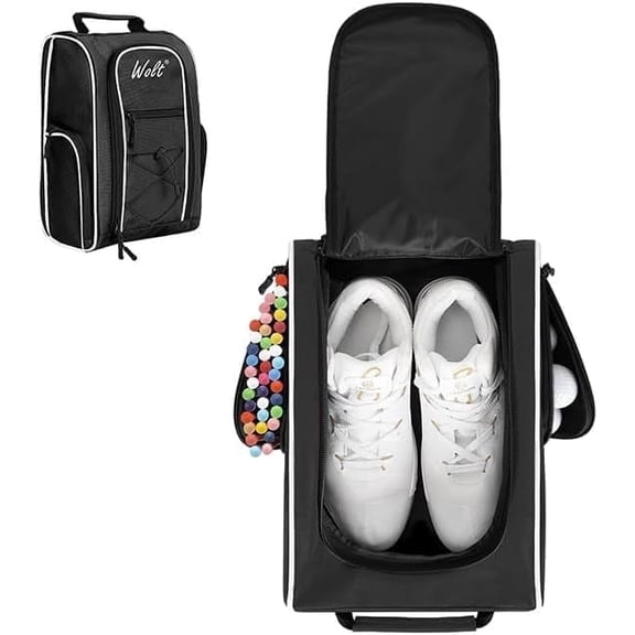 WOLT | Golf Shoe Bag for Travel- Zippered Shoes Carrier Bags with Ventilation & Double Outside Accessory Pocket for Socks, Tees, Golf Balls, Etc.Black