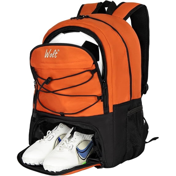 WOLT Mesh Orange Soccer Bag Backpack with Shoe and Ball Compartments for Boys Ball Equipment Bag