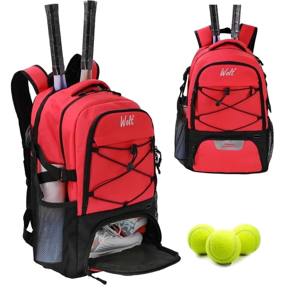 WOLT | Tennis Backpack Bag for Men Women--Large Tennis Racket Bag with Ventilated Shoe Compartment Holds 2 Rackets Red