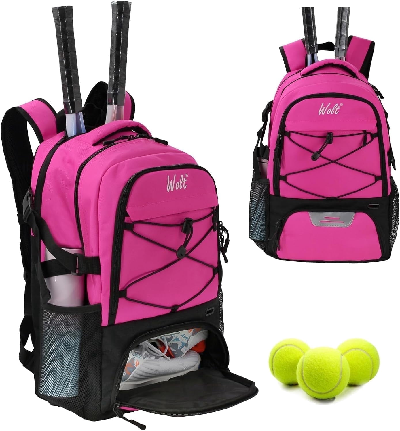 WOLT | Tennis Racket Sports Backpack Bag--34L Capacity Polyester with Ventilated Shoe Compartment Pink