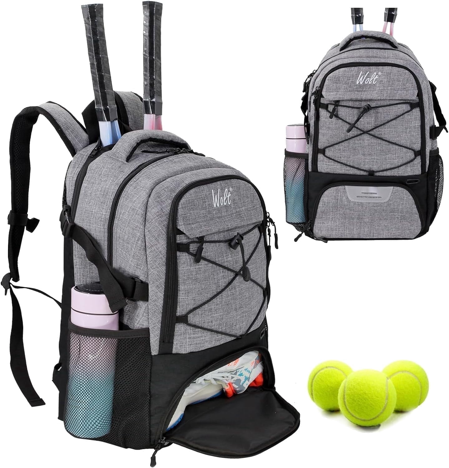 WOLT | Tennis Racket Bag--Men Ball Sports Racket Backpack Polyester Tennis Bag with Ventilated Shoe Compartment Gray