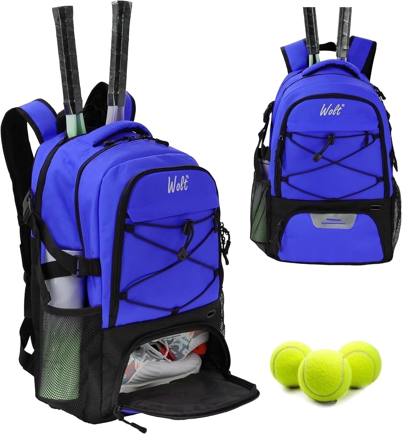 WOLT Pro Tennis Racquet Backpack 34L - 2 Racquet Holder & Ventilated Shoe Compartment Multifunctional Tennis Racket Bag Blue
