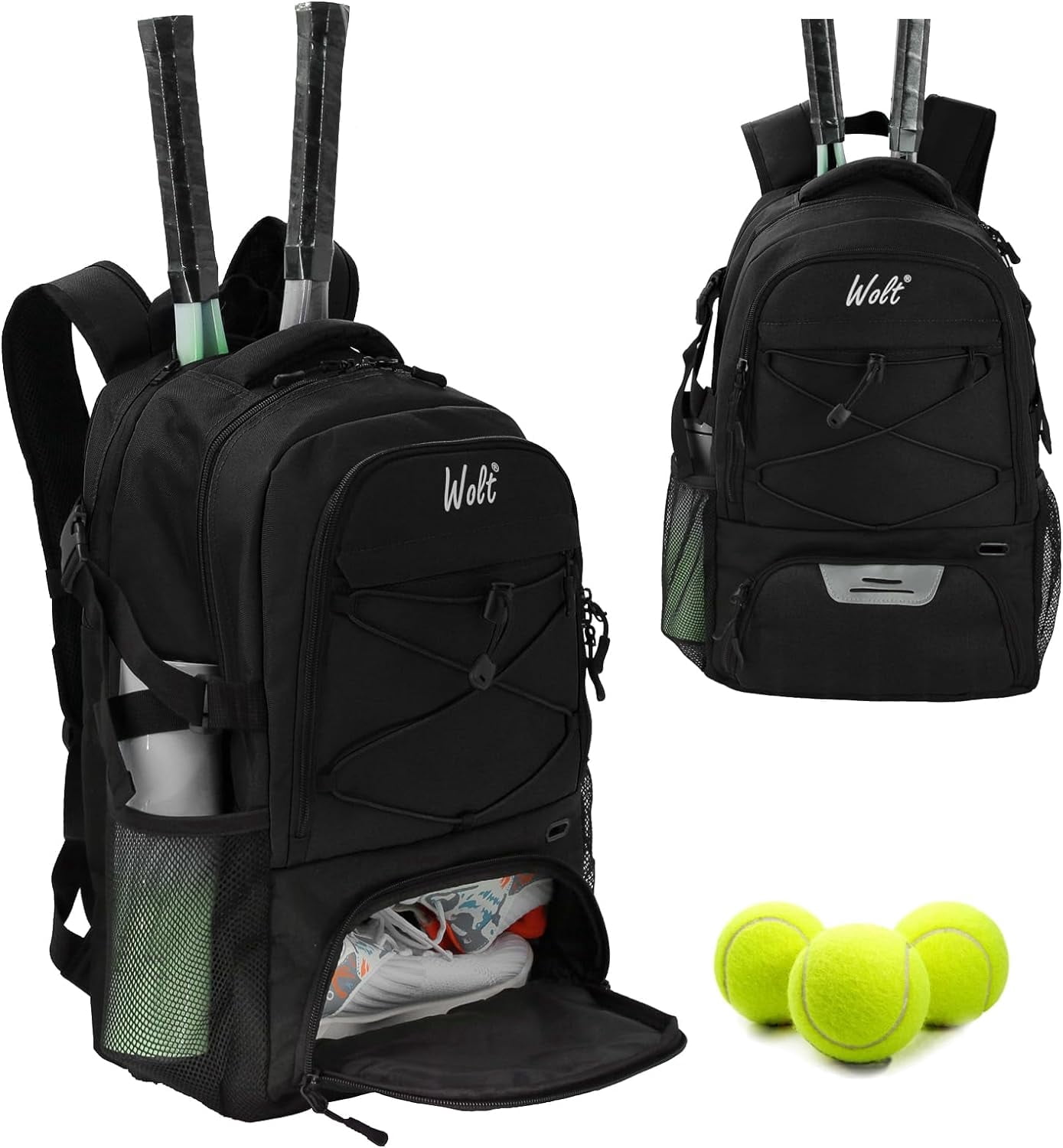 Compact Tennis Racket Backpack WOLT Tennis Racquet Sports Backpack Bag, 34L Capacity, Polyester with ...