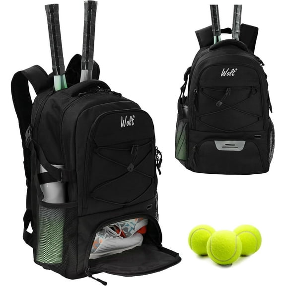WOLT Tennis Racquet Sports Backpack Bag, 34L Capacity, Polyester with Ventilated Shoe Compartment, Black