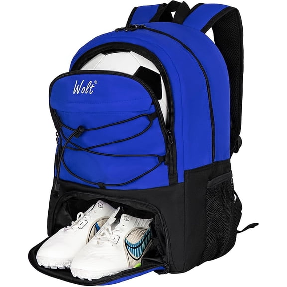 WOLT Youth Soccer Bag Backpack--Sports Bag with Ball Holder for Boy 8 12 Polyester Blue