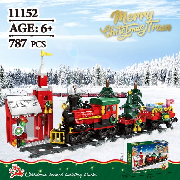   WOMA Christmas Train Building Blocks with DIY Track Santa Claus Tree House Bricks Toys for Kids Xmas Gifts