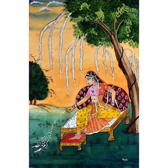 Woman Feeding Birds, Rajasthani Style Painting, Limited Edition A2 print Canvas Finish.