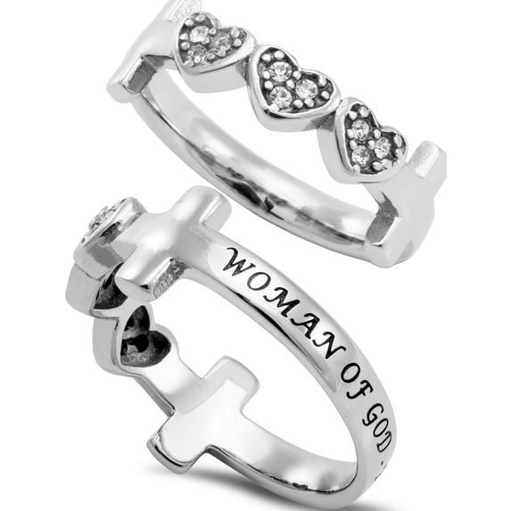 WOMAN OF GOD Three Heart Ring with Cross, Stainless Steel